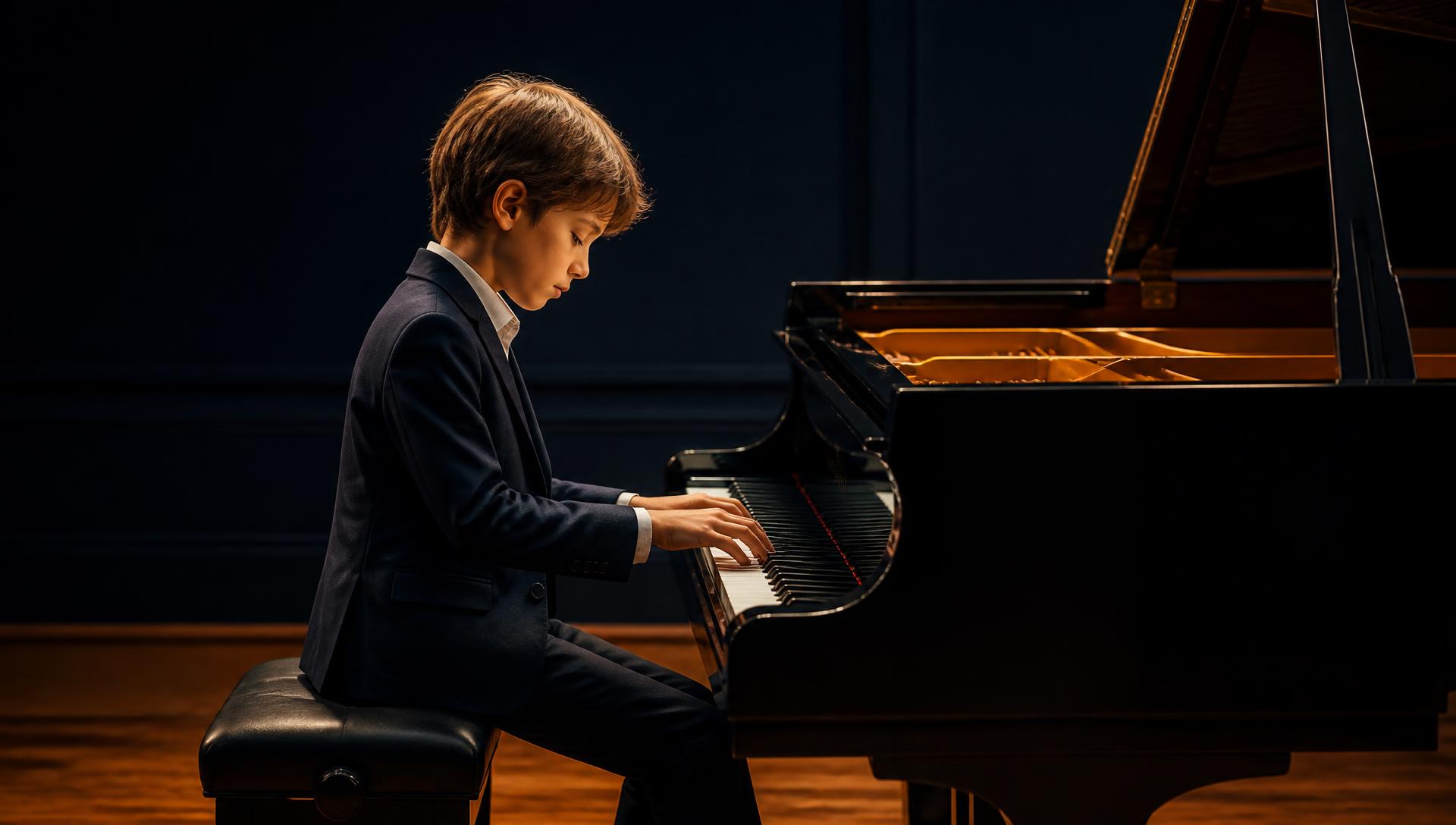 Young student performing on a grand piano in a concert hall at The Myrtle's Academy